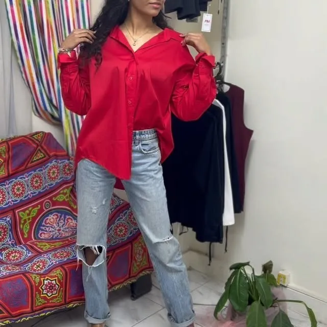 Red Oversized Button-Down Shirt