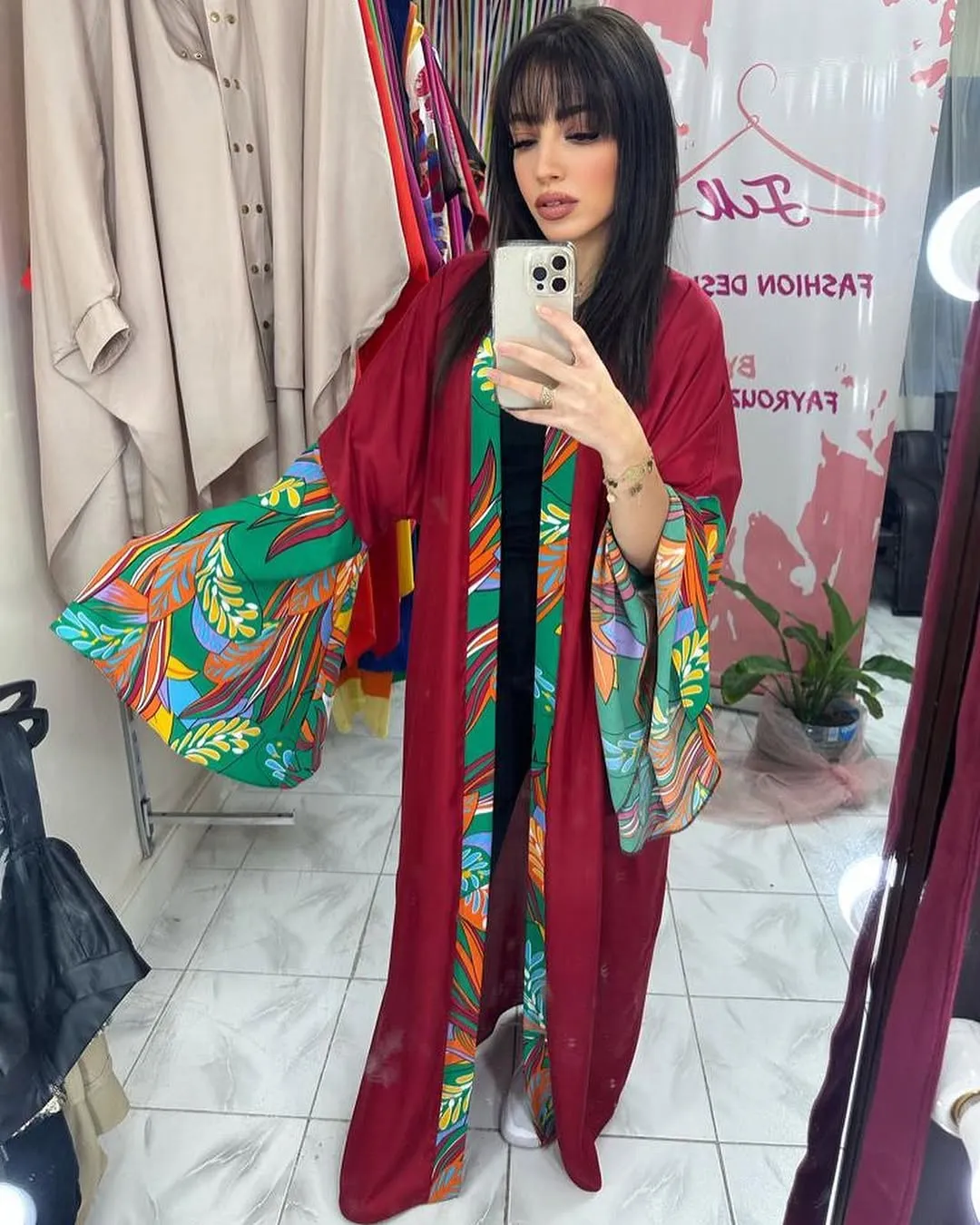 Burgundy Tropical Print Kimono