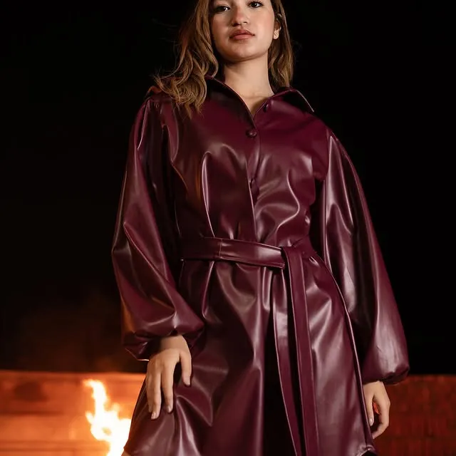 Burgundy Faux Leather Trench Coat