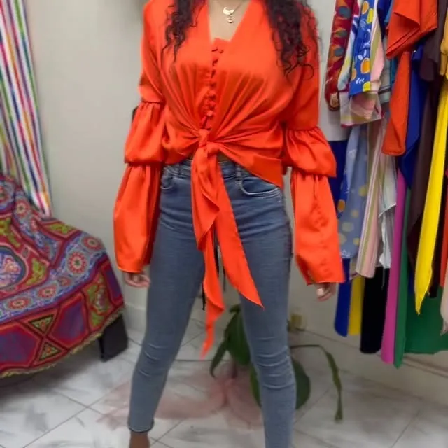 Orange Satin Puff Sleeve Blouse
