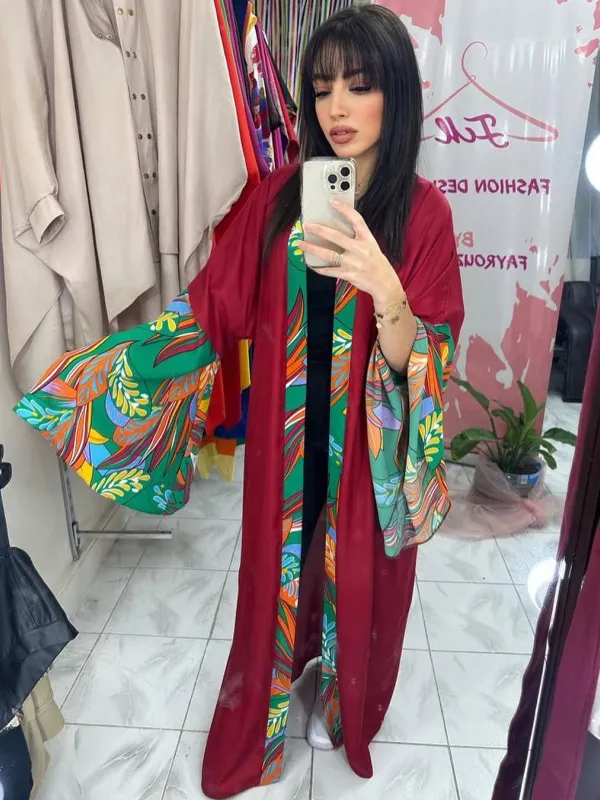Product Burgundy Tropical Print Kimono Image