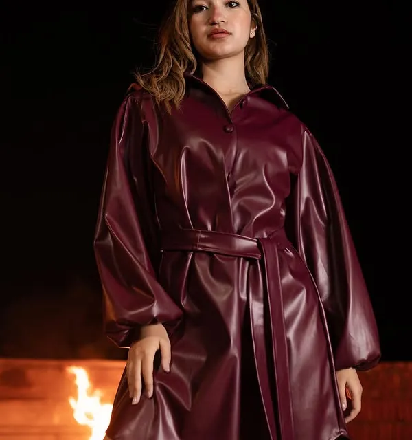 Product Burgundy Faux Leather Trench Coat Image