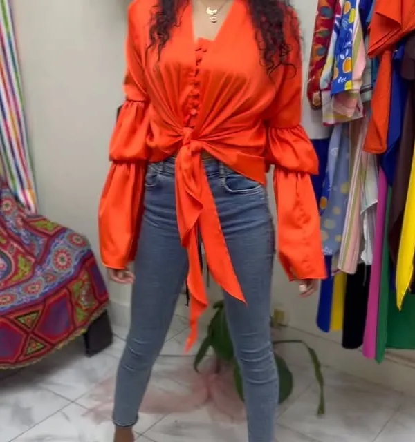 Product Orange Satin Puff Sleeve Blouse Image